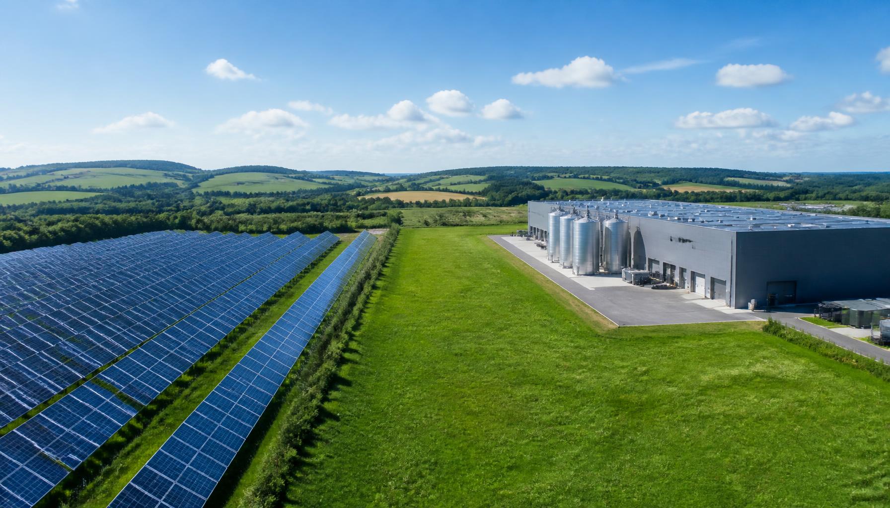Aerial view of a solar farm connected by a private wire to an industrial unit