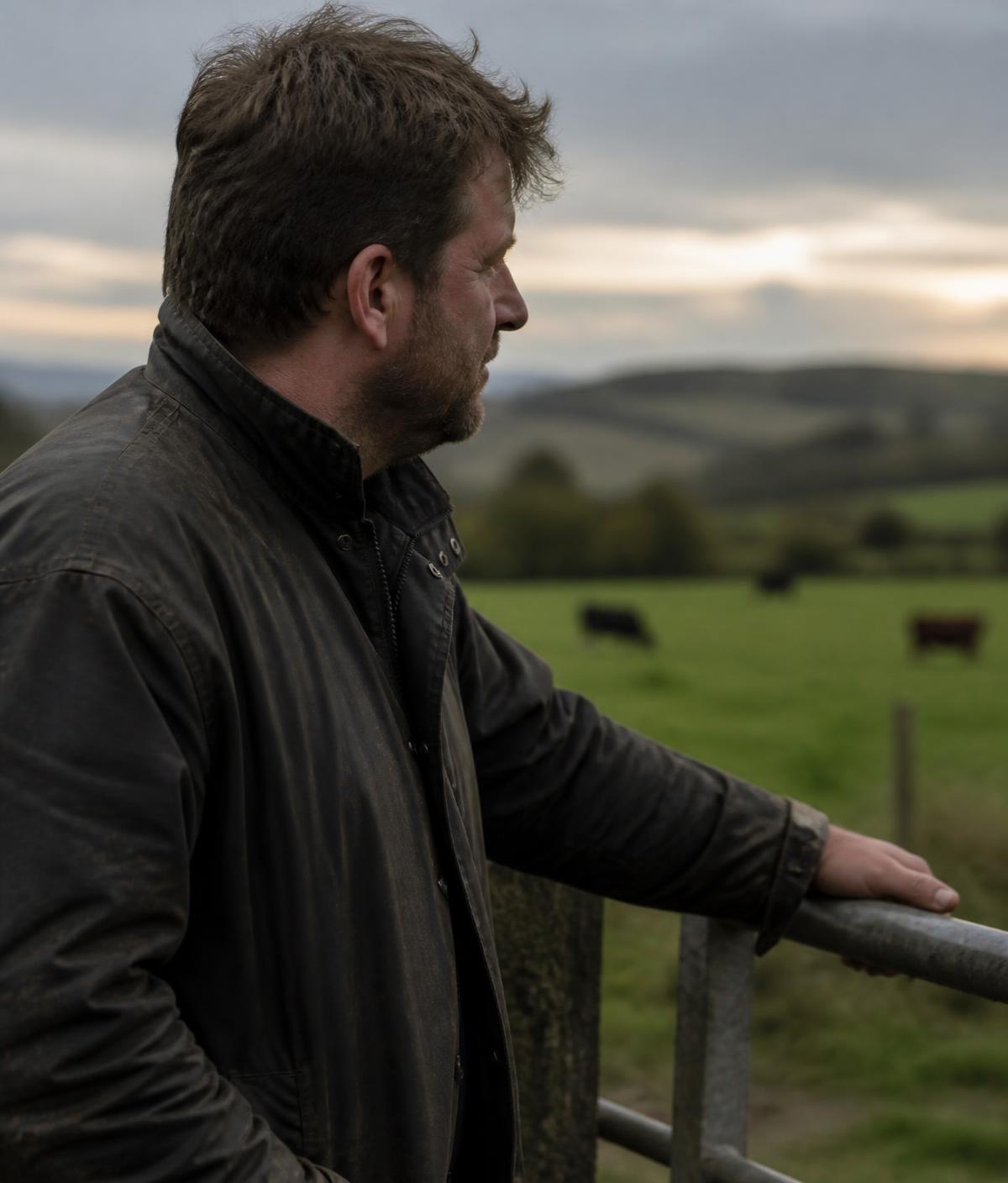 Farmer leaning on a field gate looking across pasture at dusk